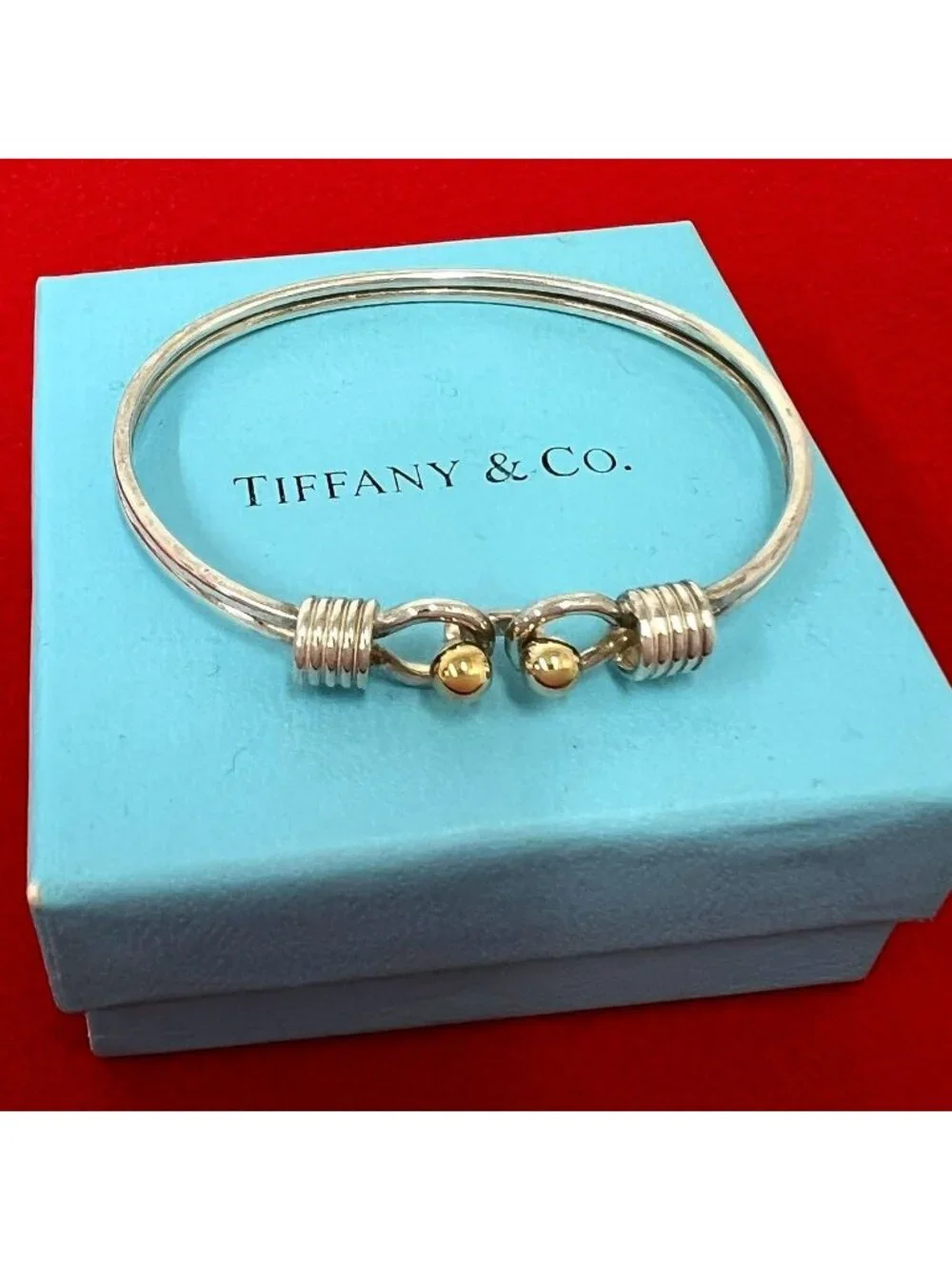 Tiffany & Co Double Hook Bangle 925 Sterling Silver Gold Bracelet